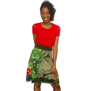 DESIGUAL•SIZE L•ARMY GREEN A-LINE MIDI SKIRT•FLORAL AND CIRCULAR DESIGNS